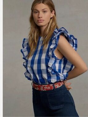 Anthropologie WHIT TWO Blue and White Gingham Ruffle Sleeve Top